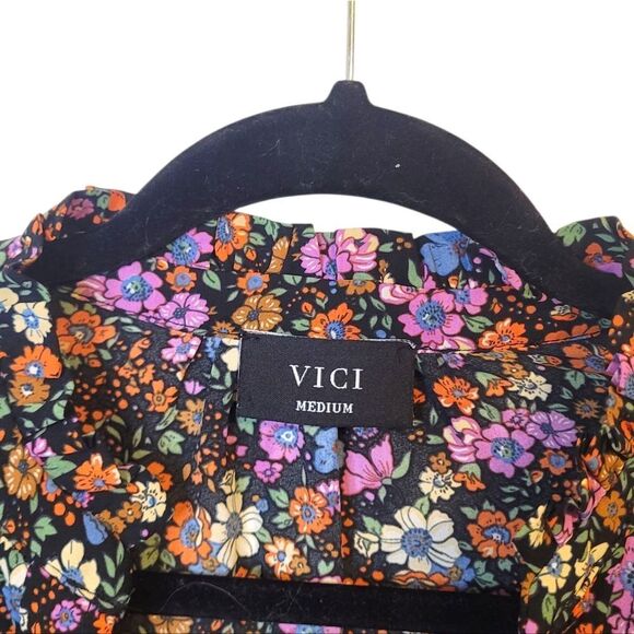 Vici Women's Black Neon Floral Ruffle Blouse Size M - Picture 3 of 6